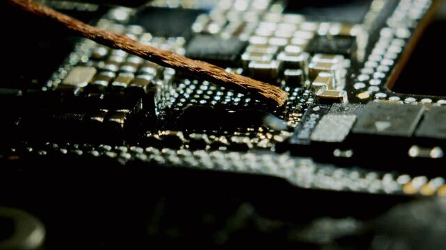 This static 4K 60fps video shows a technician applying flux and cleaning the circuit board. The process ensures the board is ready for further repairs or component rework in electronics maintenance.