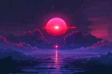 Pink moon rising over a calm ocean at night, a rocket launching into space.