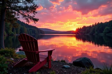 Fototapeta premium Sunset over tranquil lake, Adirondack chairs inviting , lakeside, sunset, serene