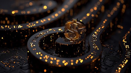 Golden dollar sign glitters in a maze of digital circuits, representing finance