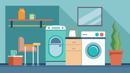 The laundry room in a senior home now includes frontloading appliances and a raised platform for ease of use.. Vector illustration