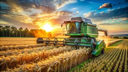 Obraz premium Golden Hour Harvest A Combine Harvester Gathers Ripe Grain Under a Vibrant Sunset Sky