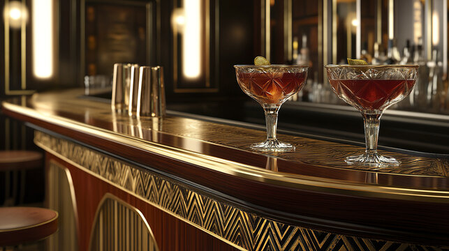 Luxurious 1920s speakeasy bar with crystal glasses and elegant decor