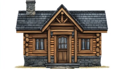 Classic log cabin illustration, front view, isolated background, digital art, for design elements