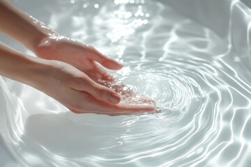 Hands touching water in a bowl, ripples, reflections, hygiene, freshness