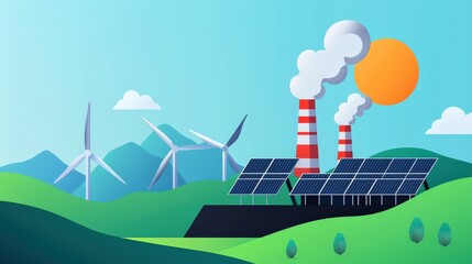 Naklejka premium Coal plant dissolving into a solar-powered greenhouse, symbolizing environmental progress.