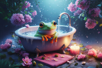 Green frog relaxing in vintage bathtub filled with bubbles, surrounded by pink flowers in magical garden. Whimsical nature and fantasy bath concept ideal for beauty industry, greeting cards, home