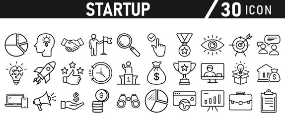 Startup icon set in liner style. Innovation, business plan, investment, launch, funding, investor and entrepreneurship icons. Solid icon collection.