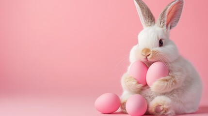 Cute fluffy rabbit holding pastel pink eggs on soft pink background perfect for Easter celebrations and spring-themed decorations and designs