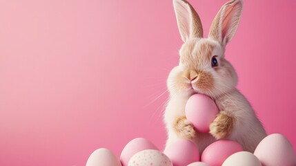 Adorable Bunny Surrounded by Colorful Easter Eggs in a Soft Pink Background Perfect for Spring Celebrations and Holiday Promotions