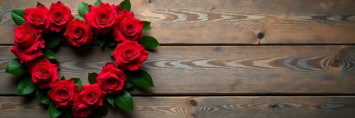 Obraz premium A rustic wooden background with a heart-shaped wreath made of red roses, roses, wooden