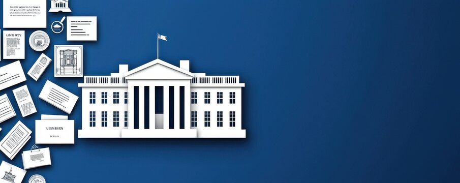 White House silhouette on a blue background with scattered documents, symbolizing governance and communication.