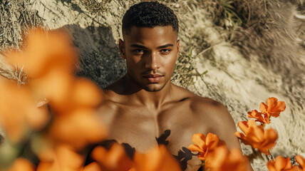 Man with short dark hair, looking directly at camera, surrounded by orange flowers.