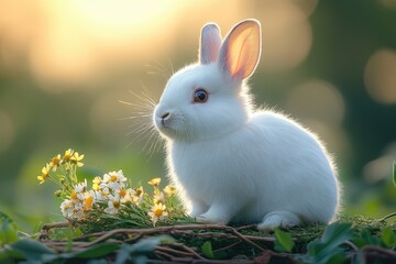 White Rabbit Amidst Bloom: A pure white bunny rests beside a vibrant bouquet of wildflowers, its fur radiant in the warm light of a soft, diffused sunset, painting a scene of serene natural beauty.