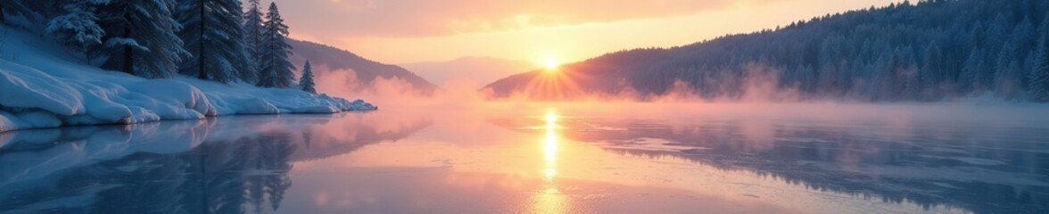 Morning sun casts an ethereal glow on frozen lake surface, icy landscape, morning light, frosty dawn