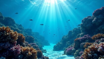 Fototapeta premium A tranquil ocean floor covered in blue hues with coral reefs and schools of fish swimming through, blue, ocean floor, background
