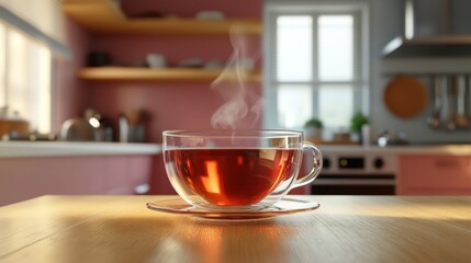 Fototapeta premium Bright and inviting kitchen scene featuring a steaming cup of tea on a wooden table with soft morning light and a cozy atmosphere