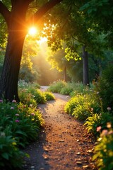 Morning sun casts a warm glow on the garden path, warmth, pathway, tree
