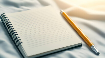 A blank notebook and a yellow pencil on a soft bed, ideal for writing notes or creative ideas in a cozy environment.