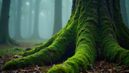 Moss and lichen cling to the trunks of ancient trees in the mist, fog, moss, lichen