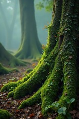 Moss and lichen cling to the trunks of ancient trees in the mist, natural scenery, lichen