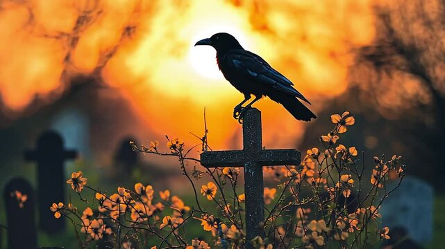 crow with flowers bokeh background footage