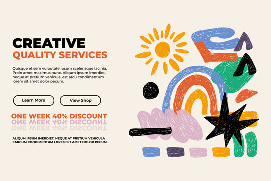 Crayon abstract shapes marketing banner template. Trendy pencil fun geometric shapes. Creative business template for services, sale promotion, ads, web banner, presentations.