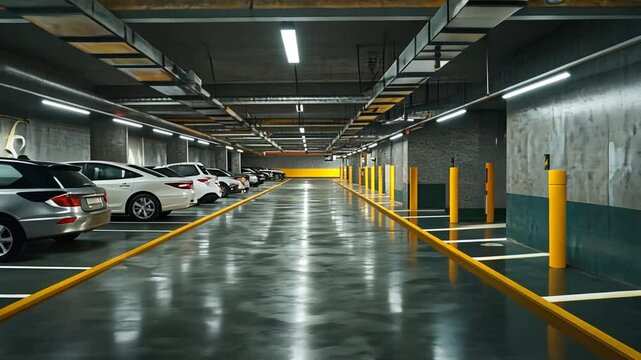 Underground parking garage with parked cars and bright lighting and yellow line