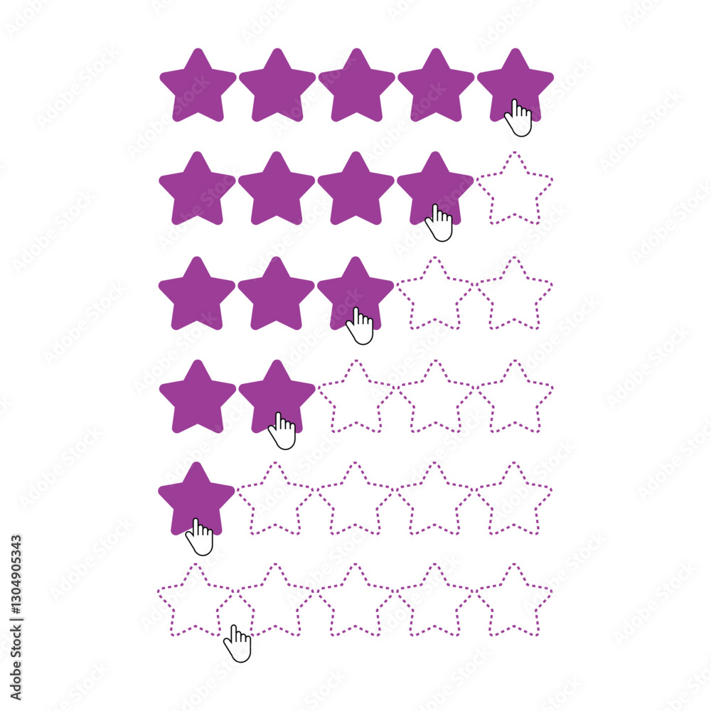 Poster Hand pointer touching to purple stars rating since zero to five points for customer evaluation review of quality and good rate after use product and service concept by  EPS vector and illustrator .