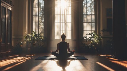 Serene Woman Meditating in Sunlit Room Surrounded by Plants, Embracing Relaxation and Inner Peace Through Mindfulness Practice and Deep Breathing