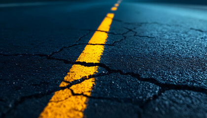 A close-up view of a cracked road surface with a distinct yellow line, highlighting urban infrastructure and wear over time.