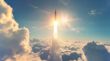 Obraz premium This rocket launches into the sky, leaving a trail of smoke as it ascends through clouds towards space.