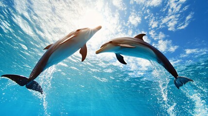 Obraz premium Dolphins leaping, ocean, sunny sky, playful interaction, marine wildlife stock photo