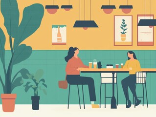 Fototapeta premium Flat design illustration of a modern cafe interior with two women sitting at a table, enjoying coffee and conversation in a stylish and cozy environment