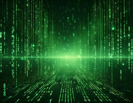 matrix style binary code background in green digital datum with random falling numbers and information zeroes