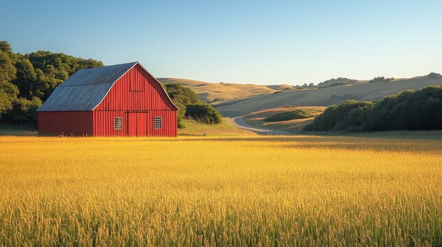 Red barn in a green field under a blue sky in the countryside