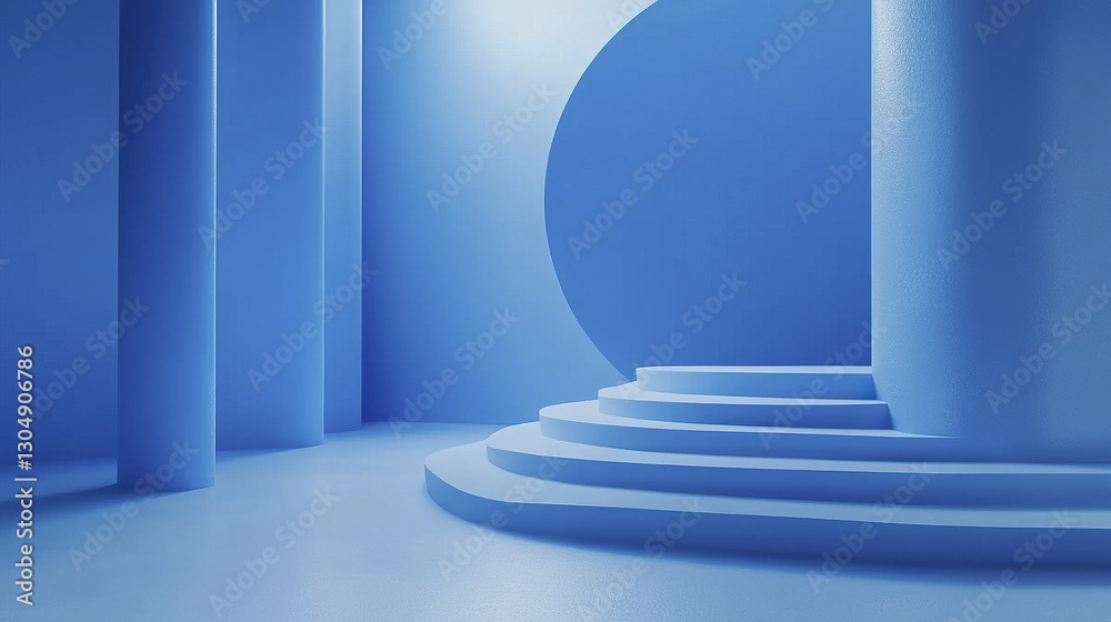 Poster minimalistic blue backdrop with soft shading and curved architecture