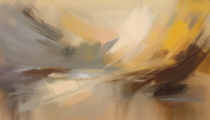 abstract painting with dynamic brushstrokes in shades of brown gray and yellow on a soft beige background