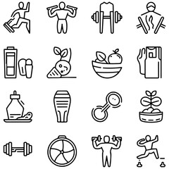 Sport and Fitness set of web icons in line style. Gym and health care. Healthy lifestyle icons. Nutrition and dieting, training, body care, healthy food,.......................