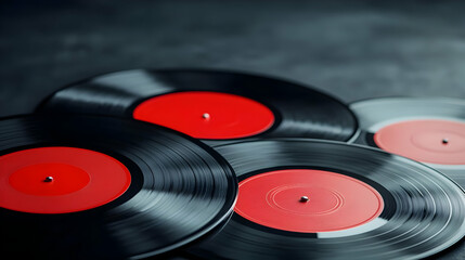 A collection of vinyl records with vibrant red labels, perfect for music lovers and vintage enthusiasts.