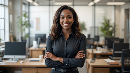 African millennial 30s successful confident strong businesswoman feminism worker lady boss female leader multiracial woman in formal shirt posing crossing arms looking at camera in office corporate