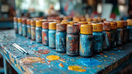 Colorful Artist Paint Jars Acrylics Oil Paints Studio Workspace Creative Art Supplies