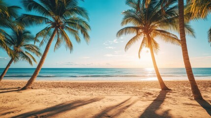 Obraz premium Serene Tropical Beach at Sunset with Tall Palm Trees and Calm Ocean Waves Under Clear Blue Sky in a Peaceful Coastal Paradise Setting