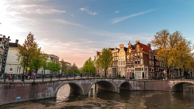 Amsterdam Netherlands time lapse city skyline at canal waterfront