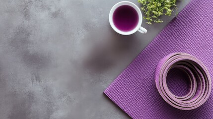 Yoga mat, beaded bracelet and tea cup on grey concrete background, close up, flat view. Perfect for fitness, health and relaxation content.