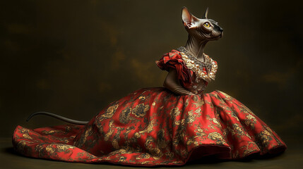 Fantasy portrait of the Sphinx Cat in a vintage beautiful luxurious lush dress
