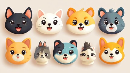 Fototapeta premium Adorable Cartoon Animal Heads Displayed In Rows