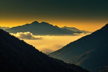 Obraz premium Yellow fog rolling in behind mountains with black background, scenery, cloud, mountains