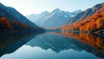 Papier peint photo Le salon Mountain lake with reflection of autumn leaves, reflection, , serene landscape  © ศรัณย์ สุภกิต