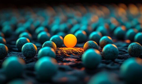 Amidst darkness, small round orange figures catch the eye